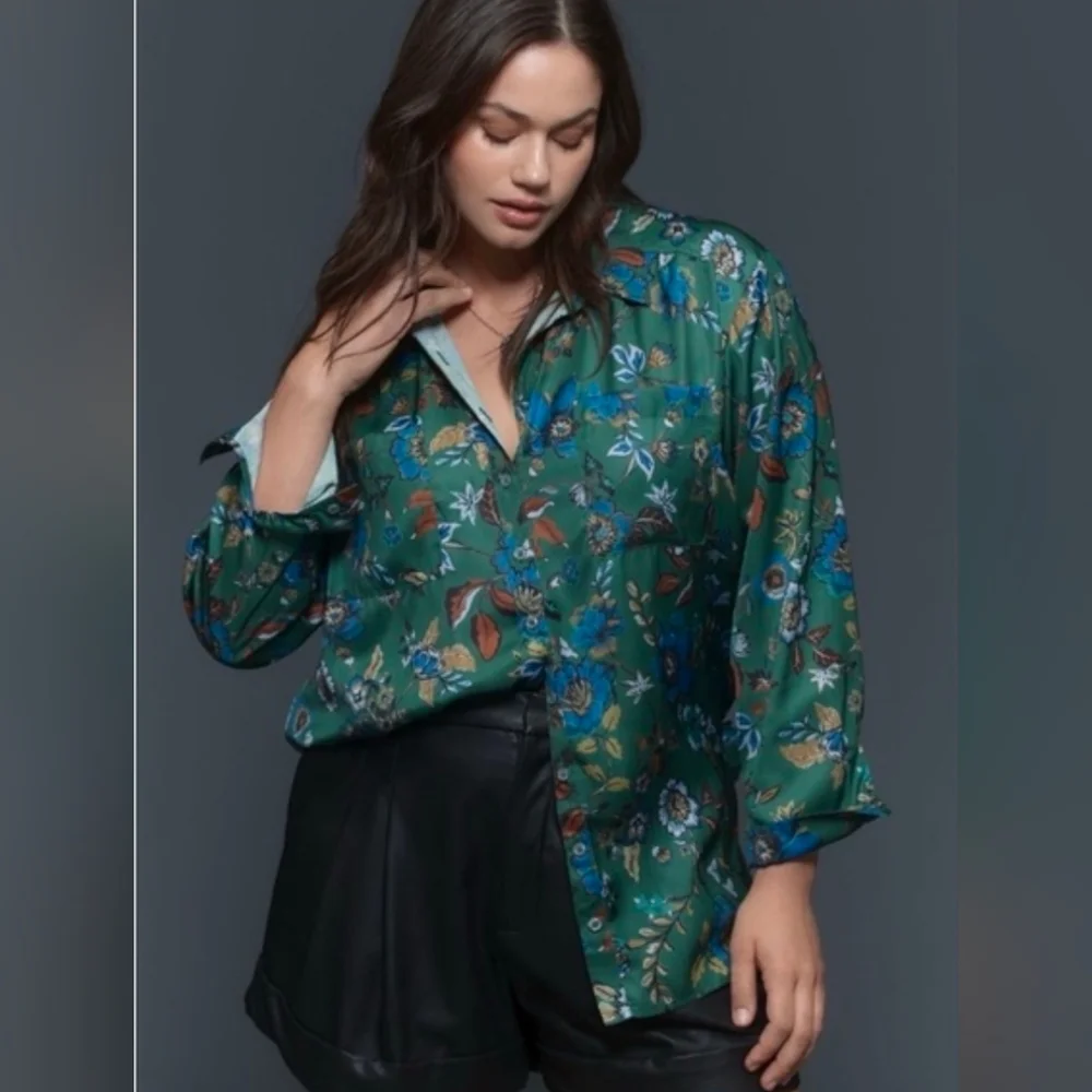 Anthropologie Brielle Relaxed Buttondown Blouse - Green XL - Picture 1 of 4